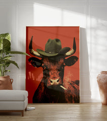 Cowboy bull smoking poster wearing a hat against a reddish-orange background, with smoke from the cigarette. - Image 3