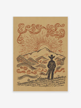 Cowboy standing in desert with mountains and sun, earthy tones, western illustration print
