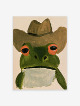 Whimsical green frog wearing a brown cowboy hat, illustrative wall art print on a cream background