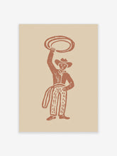 Cowboy in hat and patterned trousers holding a lasso above head, brown illustration on beige background