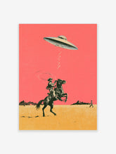 Retro poster of a cowboy on a rearing horse lassoing a UFO above a pink desert with yellow ground
