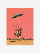 Retro poster of a cowboy on a rearing horse lassoing a UFO in a pink sky above a yellow desert