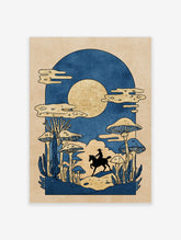 Illustrative print of cowboy on horse in mushroom forest under golden moon, blue and gold palette