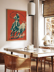Cowboy Rodeo poster depicting a cowboy on horseback actively roping a bull, in a vintage graphic art style with red, teal, and beige colors. - Image 2