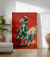 Cowboy Rodeo poster depicting a cowboy on horseback actively roping a bull, in a vintage graphic art style with red, teal, and beige colors. - Image 3