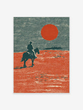 Cowboy on horseback silhouette against large red sun and orange desert, teal sky, vintage western poster art