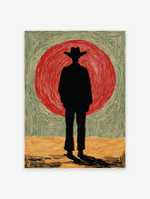 Black cowboy silhouette standing before a large red sun, textured green background, yellow ground, Western poster art