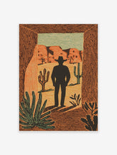 Cowboy silhouette in desert with cacti and adobe buildings, linocut style print