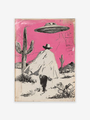 Illustrated Cowboy UFO art print featuring a cowboy in a pink desert with cacti and a flying saucer overhead.