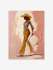 Illustrative cowgirl silhouette art print in a hat, green shirt, ochre trousers, holding a lasso, on pink background