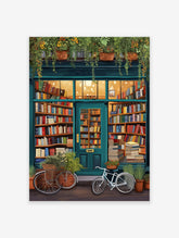 Illustrated cozy bookstore poster with a teal facade, warm interior lighting, bookshelves, plants, and bicycles outside.