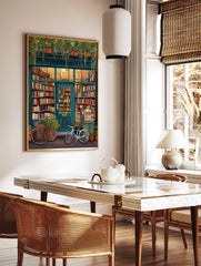 Illustrated cozy bookstore poster with a teal facade, warm interior lighting, bookshelves, plants, and bicycles outside. - Image 2