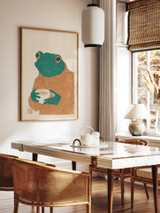 Cozy frog art print illustration wearing an orange sweater and holding a white coffee mug on a cream background. - Image 2