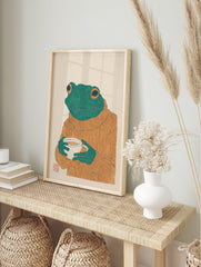 Cozy frog art print illustration wearing an orange sweater and holding a white coffee mug on a cream background. - Image 3