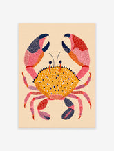 Colorful illustrated crab wall art print with intricate dot patterns in yellow, pink, and blue on a light beige background.