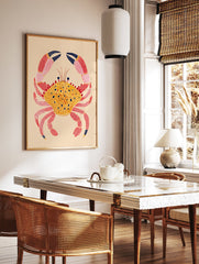 Colorful illustrated crab wall art print with a yellow spotted shell and pink spotted legs on a light beige background. - Image 3