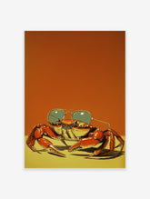 Illustrated art print of a red crab wearing aviator sunglasses on an orange and yellow background.