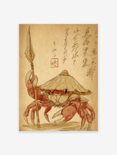 Japanese samurai crab illustration with a straw hat and spear on a sepia background with calligraphy. Unique crab wall art.
