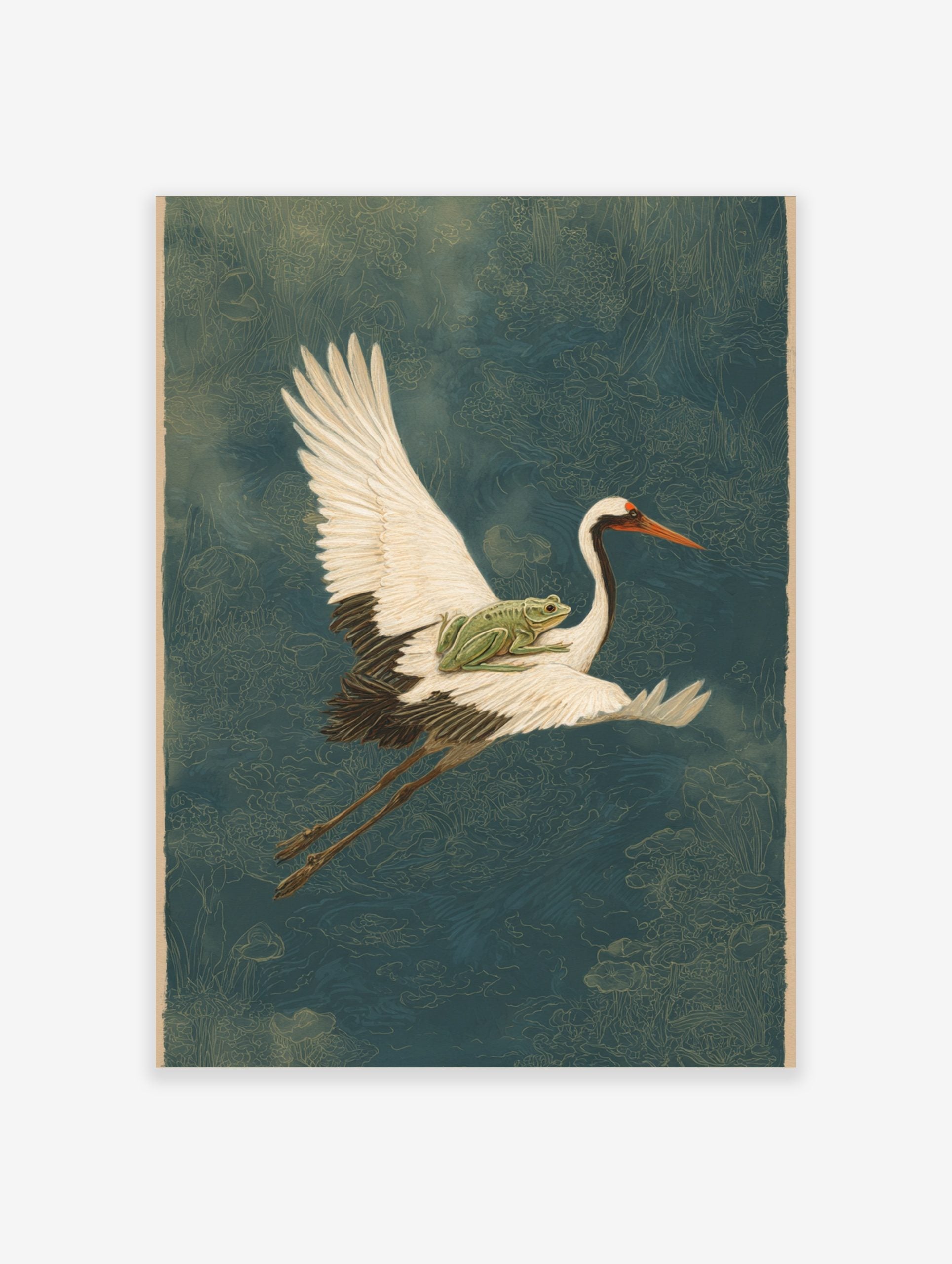 Illustrative art print of a white crane flying with a green frog on its back, over a deep blue, patterned background