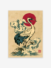 Crane standing among clouds and waves with red sun, Japanese woodblock style art print