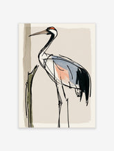 Red-crowned crane bird art print with black neck, blue and peach washes, beige background