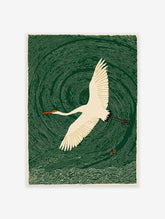 Japanese Ukiyo-e style art print featuring a white crane with an orange beak flying over swirling dark green water.