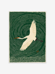 Japanese Ukiyo-e style art print featuring a white crane with an orange beak flying over swirling dark green water.