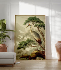 Vintage Japanese crane poster illustration showing a crane perched on a mossy pine tree branch with a misty background. - Image 3