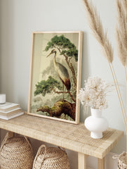 Vintage Japanese crane poster illustration showing a crane perched on a mossy pine tree branch with a misty background. - Image 4