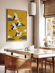 Japanese art poster depicting three white flying cranes with black wings and red crowns against a vibrant yellow background with clouds. - Image 2
