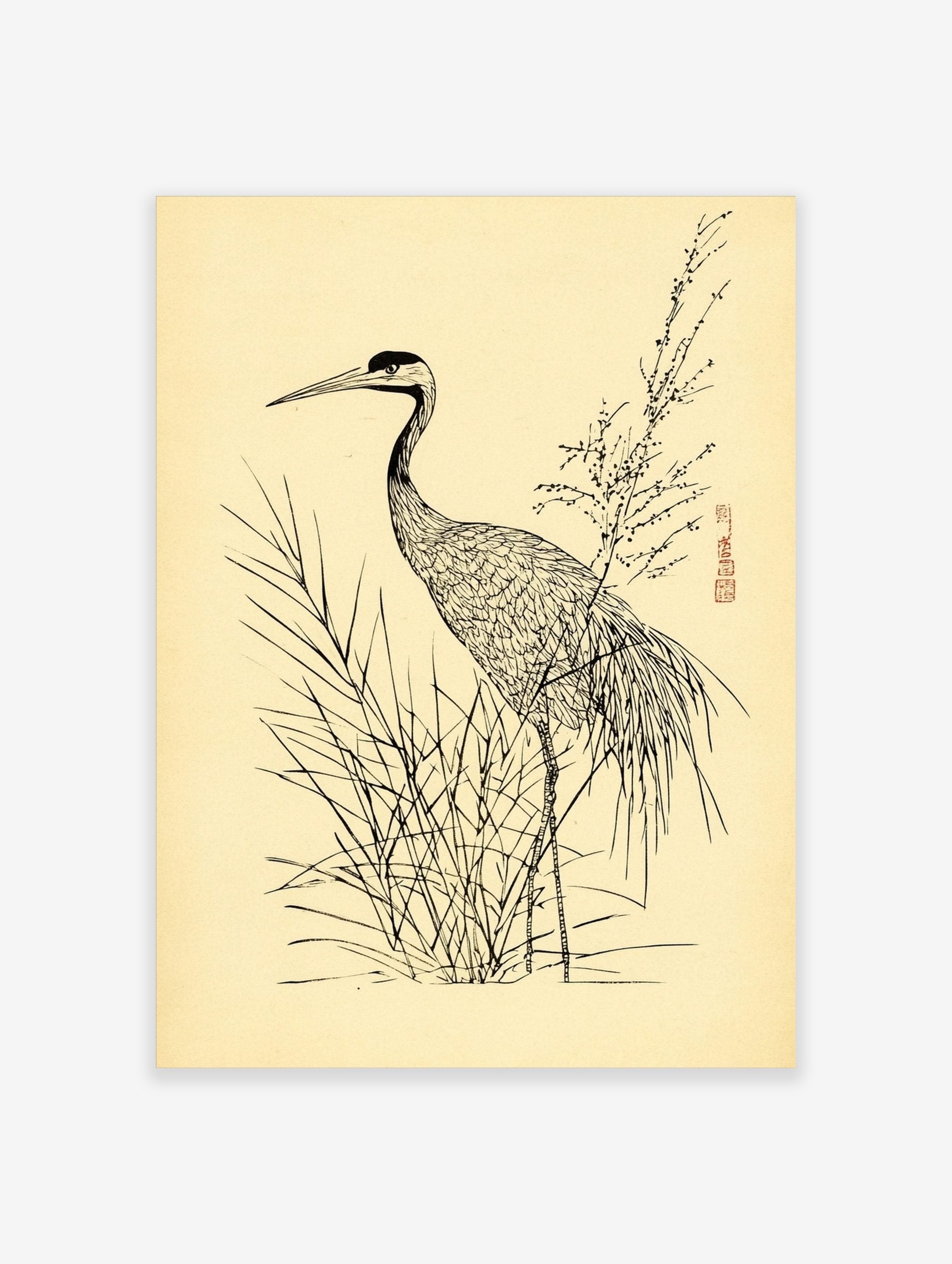 Japanese illustrative print of a crane bird standing in tall grass with a flowering branch on a light beige background