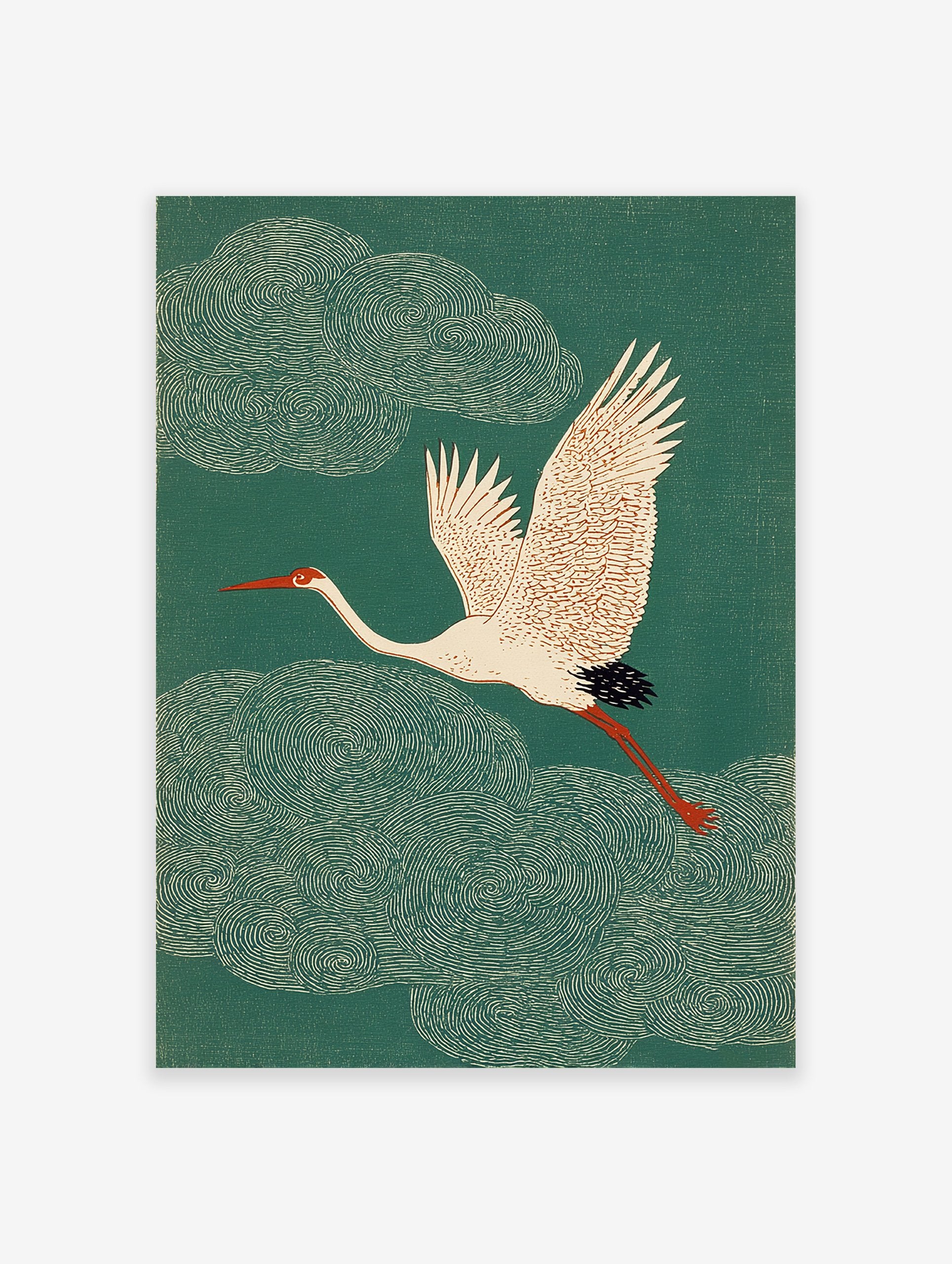 Japanese style crane bird in flight against a dark teal green background with swirling clouds. Elegant crane wall art.