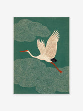 Japanese style crane bird in flight against a dark teal green background with swirling clouds. Elegant crane wall art.