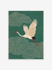 Japanese style crane bird in flight against a dark teal green background with swirling clouds. Elegant crane wall art.