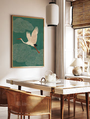 Japanese style crane bird in flight against a dark teal green background with swirling clouds. Elegant crane wall art. - Image 3