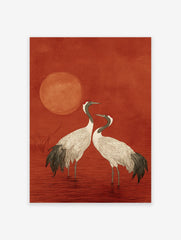 Japanese style crane wall art print featuring two white cranes with red crowns standing in red water under a red sun.