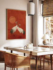 Japanese style crane wall art print featuring two white cranes with red crowns standing in red water under a red sun. - Image 2