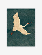 Japanese style crane bird flying against a dark green background with white dotted patterns.