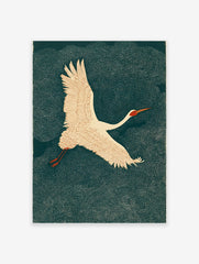 Japanese style crane bird flying against a dark green background with white dotted patterns.