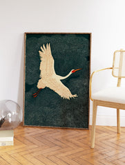 Japanese style crane bird flying against a dark green background with white dotted patterns. - Image 2
