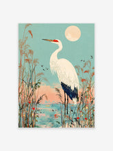 Japanese Ukiyo-e style crane wall art print featuring a white crane in a marsh with tall reeds under a full moon.
