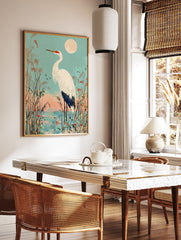 Japanese Ukiyo-e style crane wall art print featuring a white crane in a marsh with tall reeds under a full moon. - Image 2