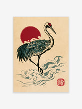 Japanese woodblock style crane print with red sun, teal feathers, and stylized waves on beige background