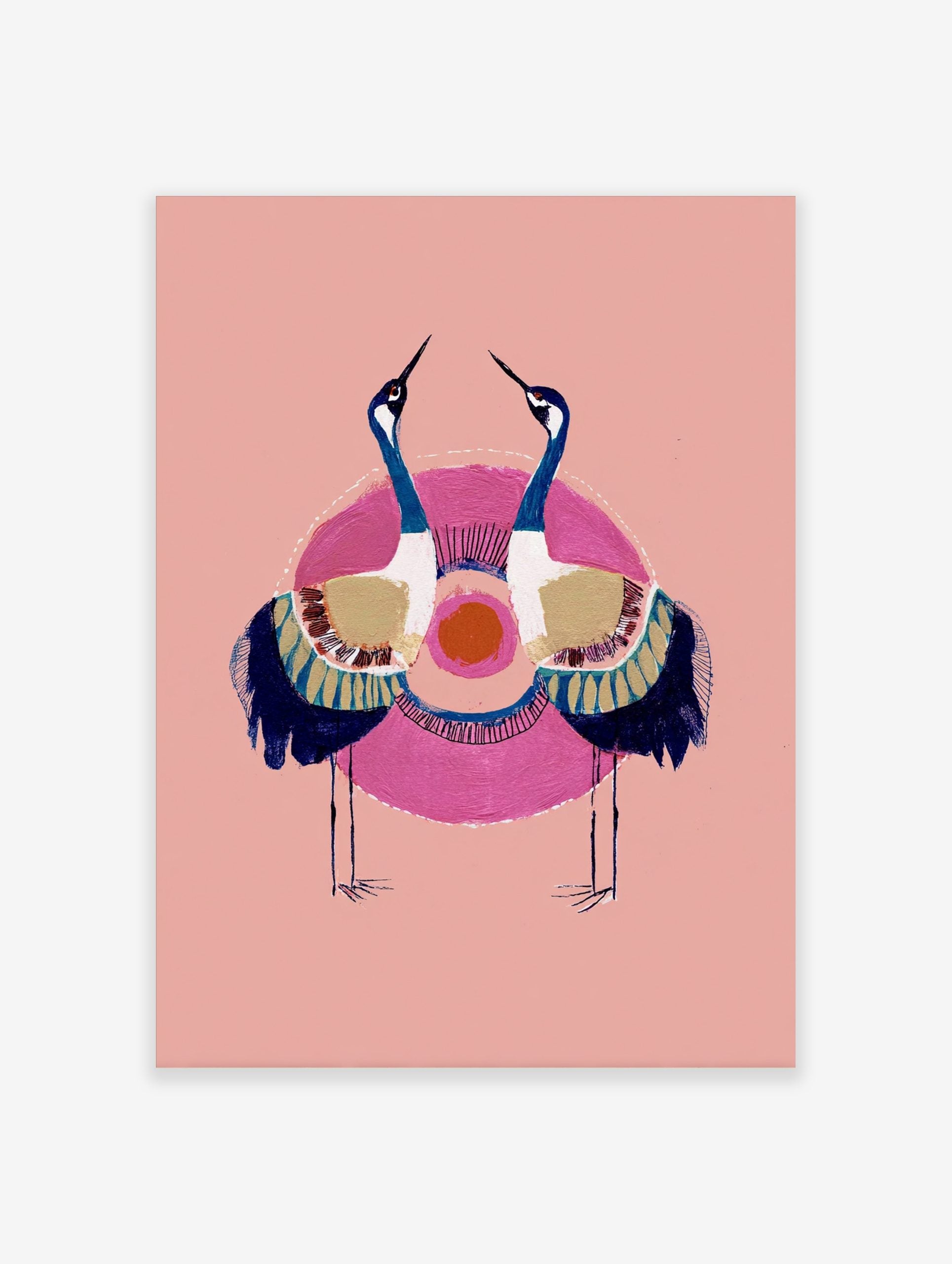 Illustrative crane wall art with two blue and white birds, golden wings, pink circle, orange sun on pink background