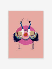 Illustrative crane wall art with two blue and white birds, golden wings, pink circle, orange sun on pink background