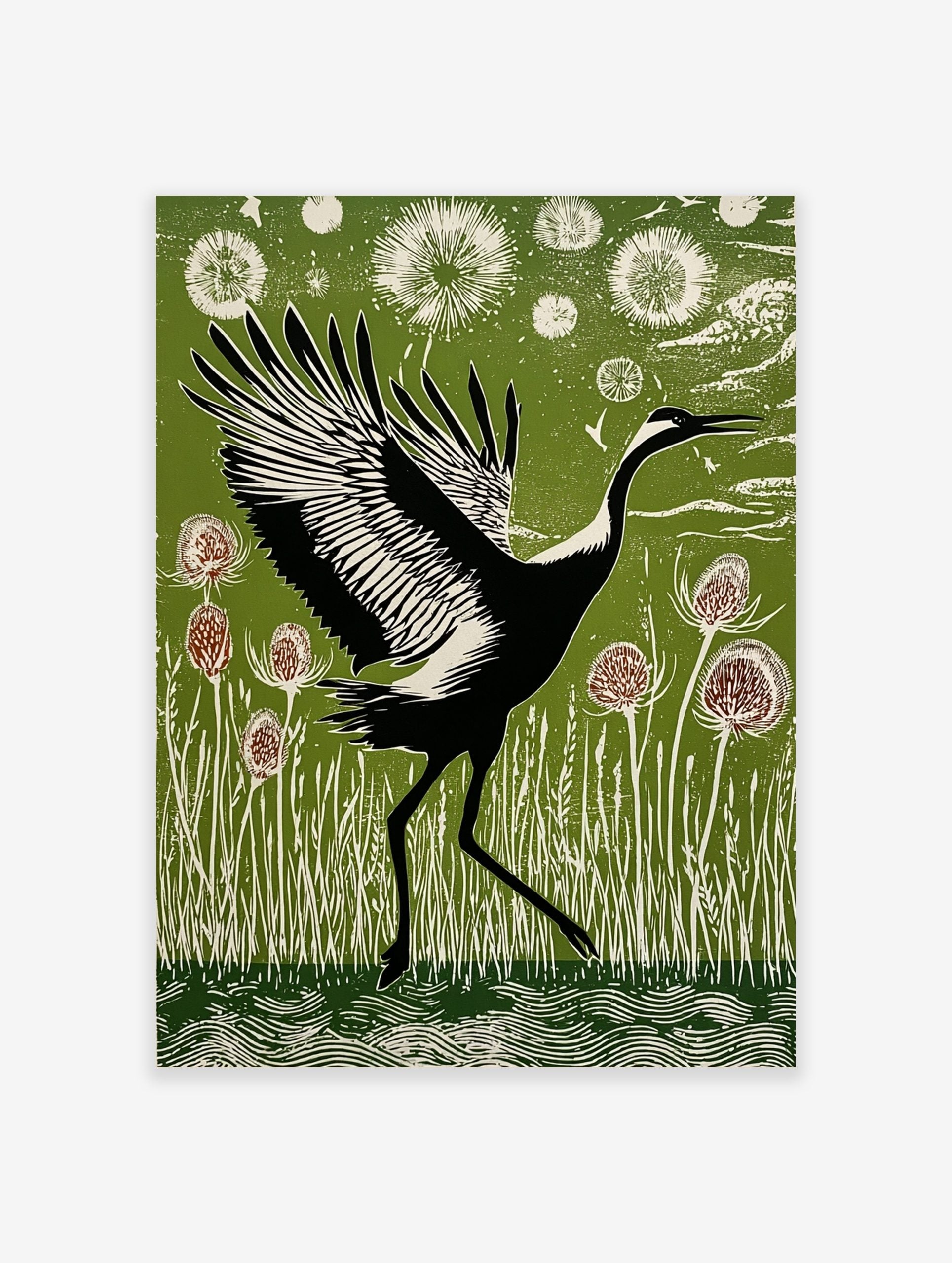 Black and white crane with widespread wings walking through green reeds and thistle plants in linocut style
