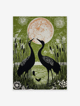 Two black cranes facing a large orange and white moon, surrounded by green reeds and water in an illustrative style