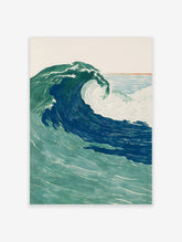 Illustrative ocean wave art print, large crashing wave in deep blue and green with white foam