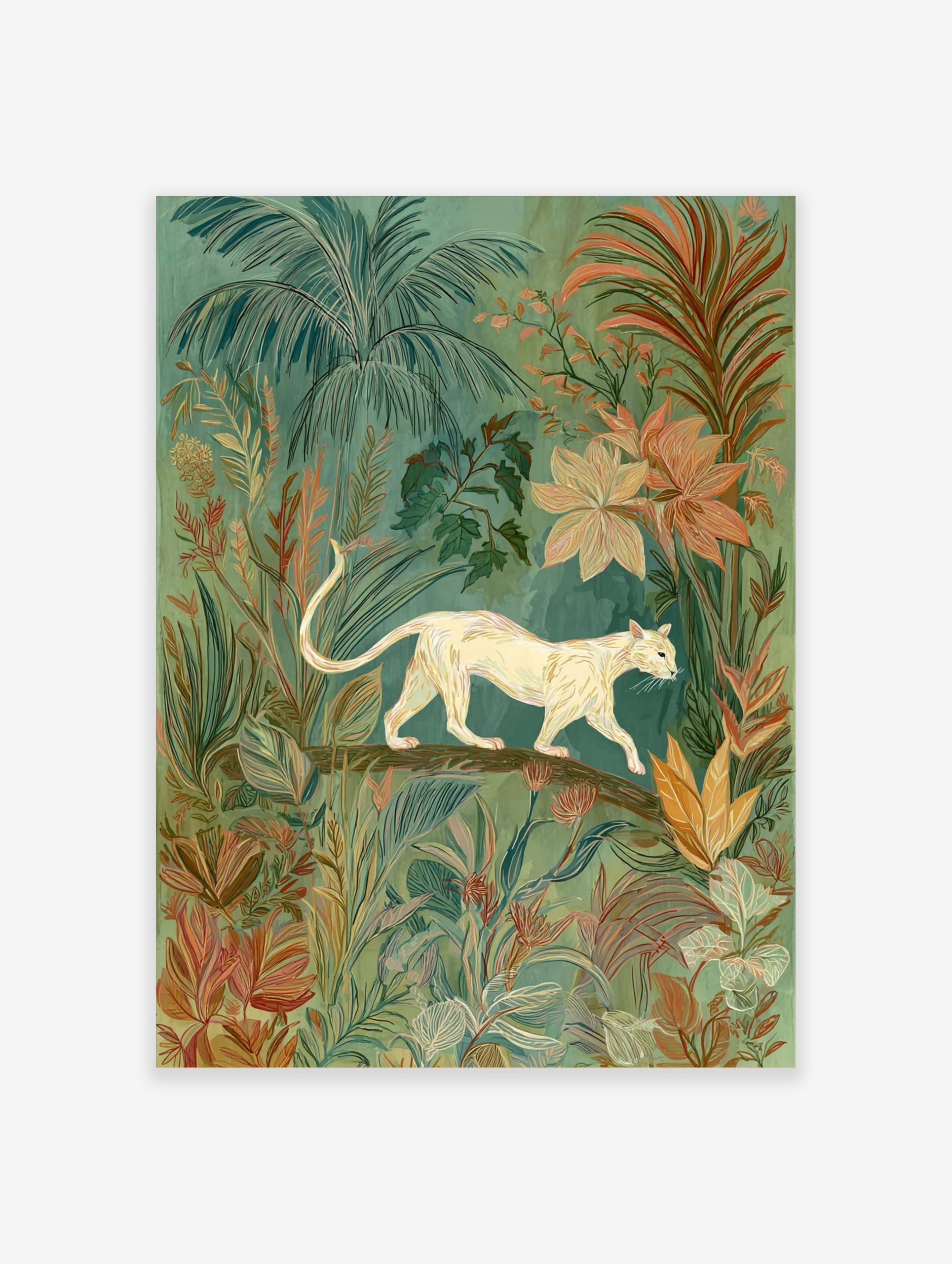 Illustrative wall art of a cream big cat walking on a branch amidst lush green and peach tropical jungle foliage