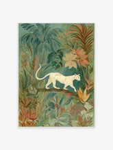 Illustrative wall art of a cream big cat walking on a branch amidst lush green and peach tropical jungle foliage